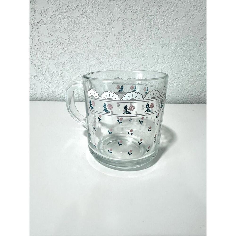 Vintage Anchor Hocking Clear Mug Glass Pink Roses Lace Design Floral with Handle - Picture 2 of 7